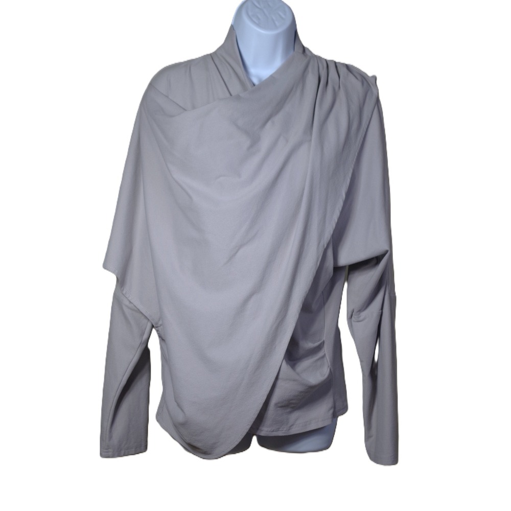 Exclusive Woman's Large Draped Wrap Front Long Sleeve Asymmetrical Top Grey